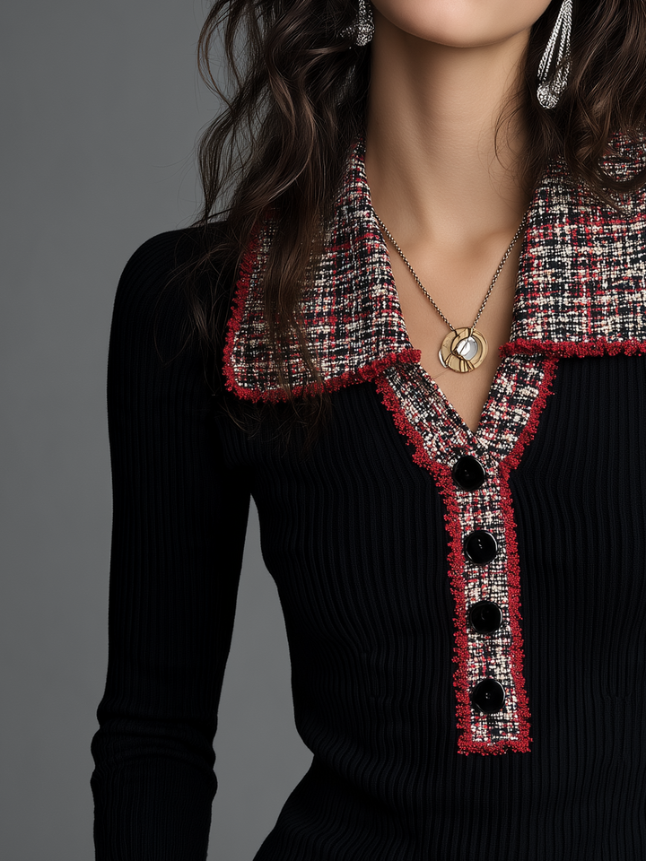 Retro Black Knit Top with Tweed Accents