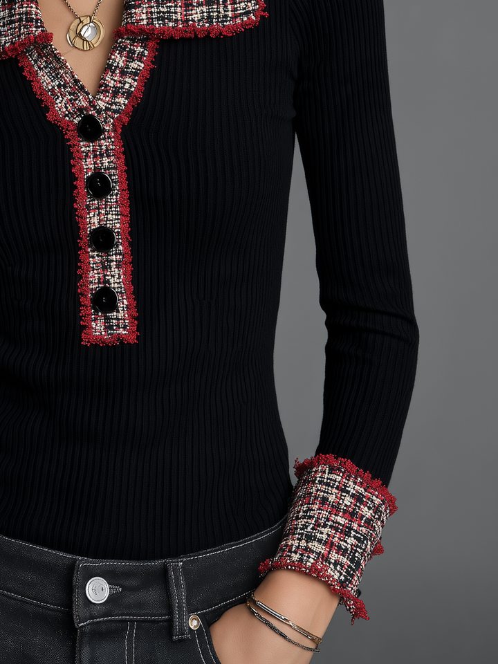 Retro Black Knit Top with Tweed Accents