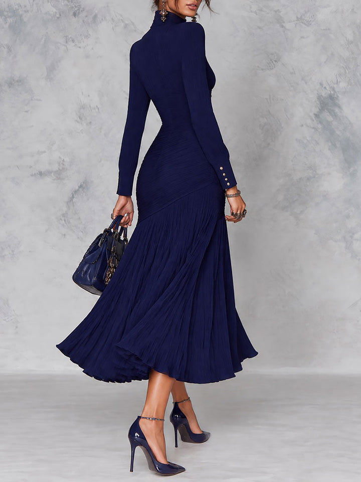 Navy Midi Pleated Dress with High Neck and Keyhole Detail, Accented with Gold Buttons