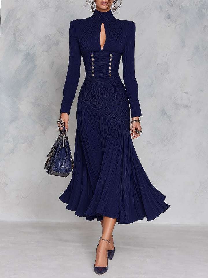 Navy Midi Pleated Dress with High Neck and Keyhole Detail, Accented with Gold Buttons