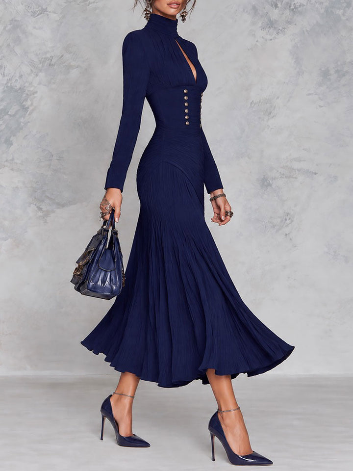 Navy Midi Pleated Dress with High Neck and Keyhole Detail, Accented with Gold Buttons