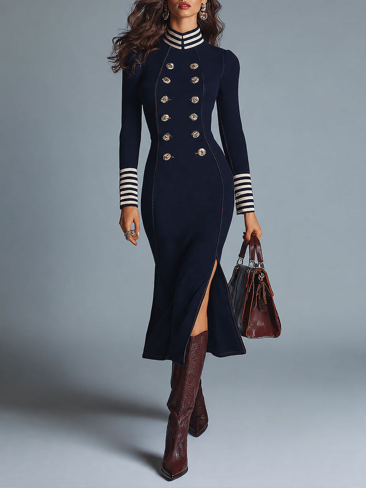 Navy Satin Midi Dress Featuring Gold Buttons and Military-Inspired Striped Accents