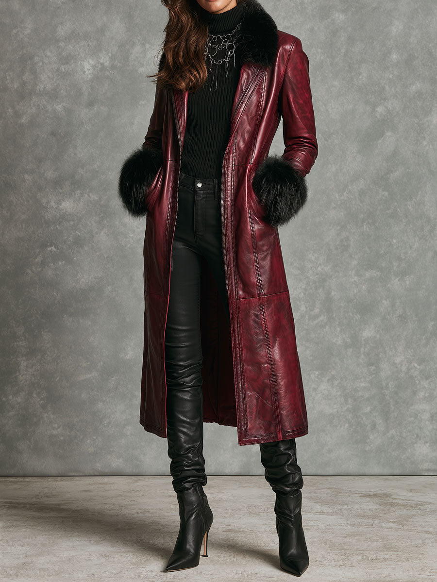 Classic Burgundy Long Leather Coat with Black Faux Fur Trim