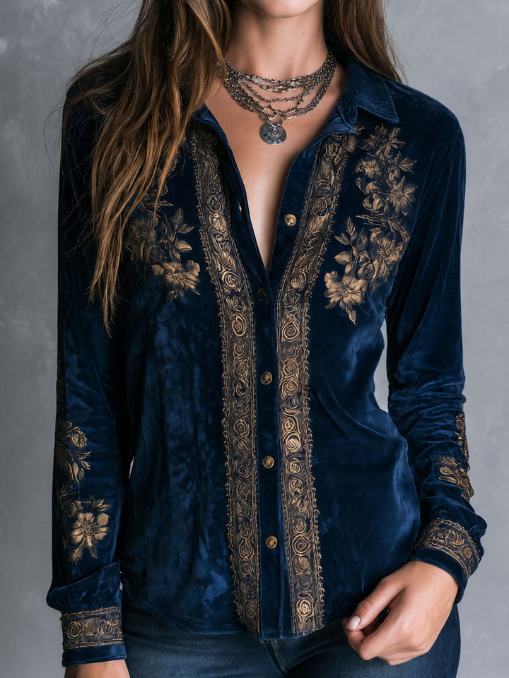 Royal Blue Bohemian Vintage Velvet Top with Embroidery