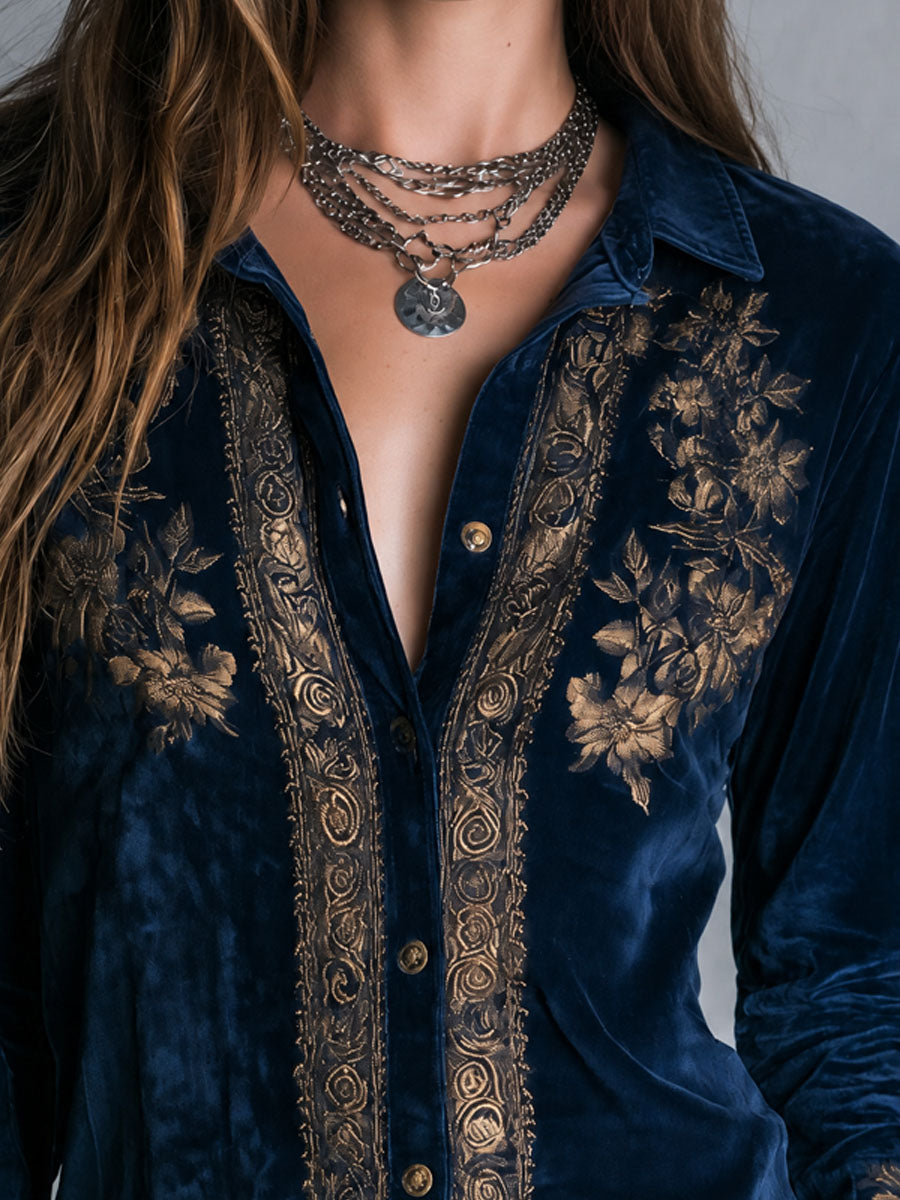 Royal Blue Bohemian Vintage Velvet Top with Embroidery