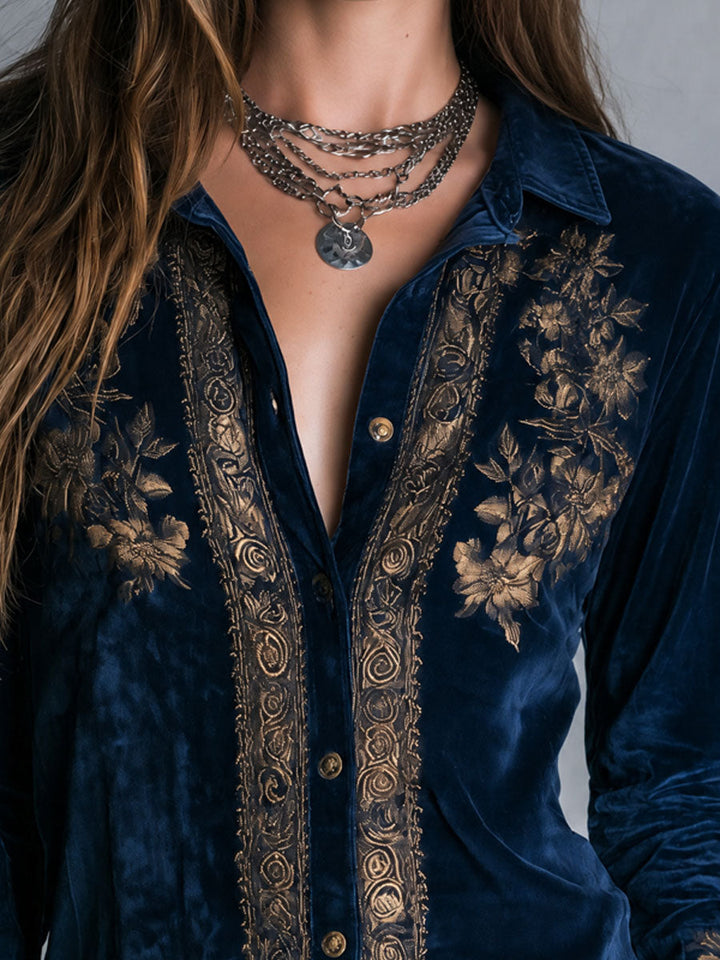 Royal Blue Bohemian Vintage Velvet Top with Embroidery