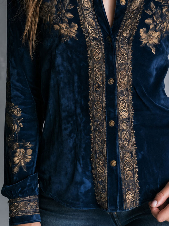 Royal Blue Bohemian Vintage Velvet Top with Embroidery