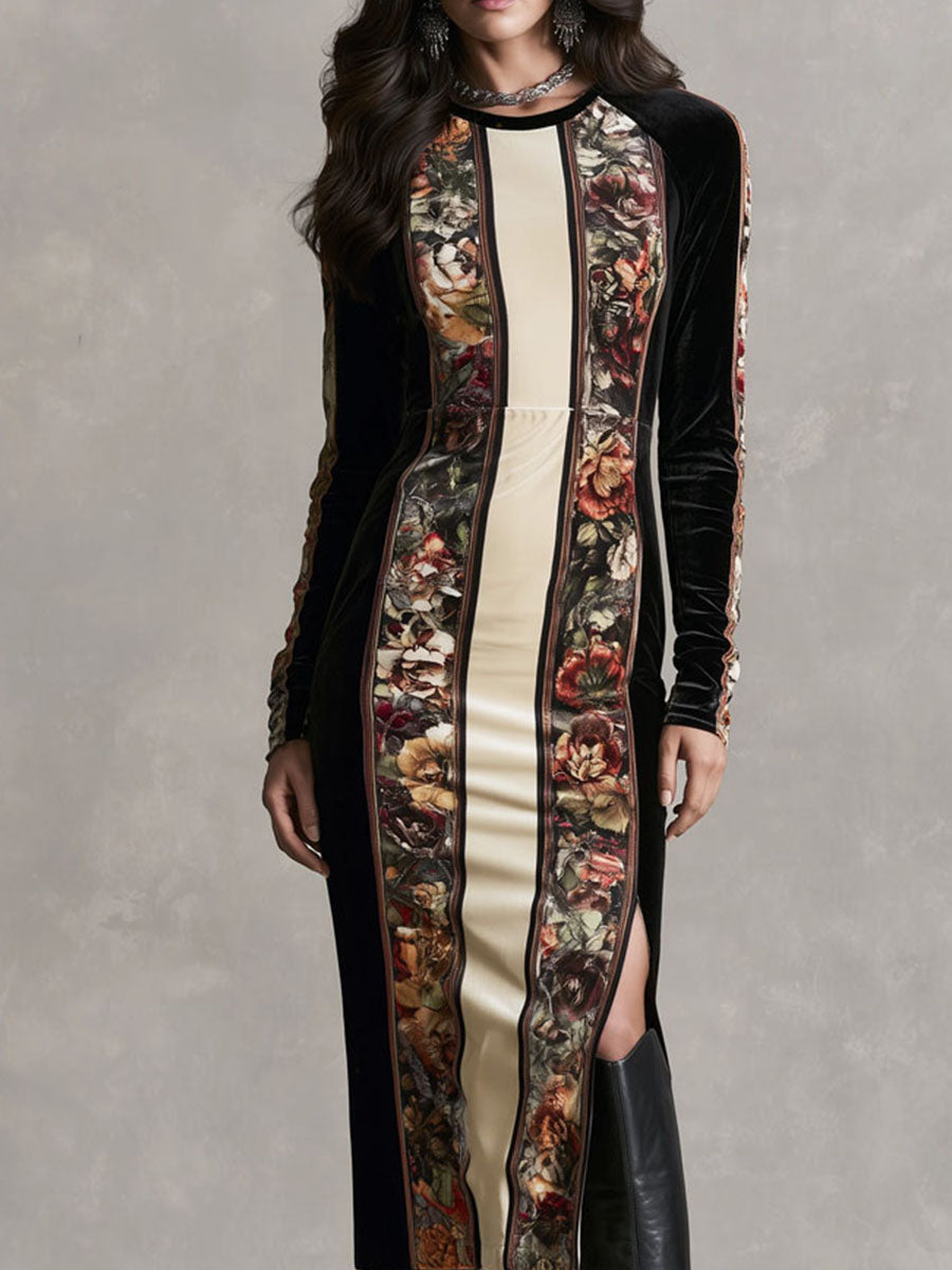 Floral Velvet Midi Dress with Long Sleeves and Side Slit