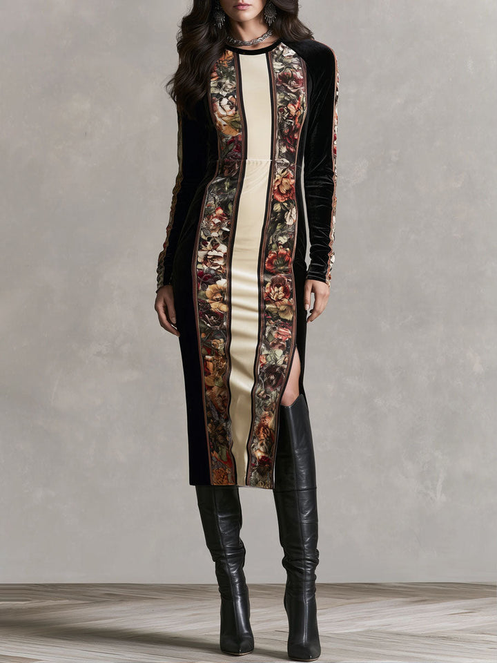 Floral Velvet Midi Dress with Long Sleeves and Side Slit