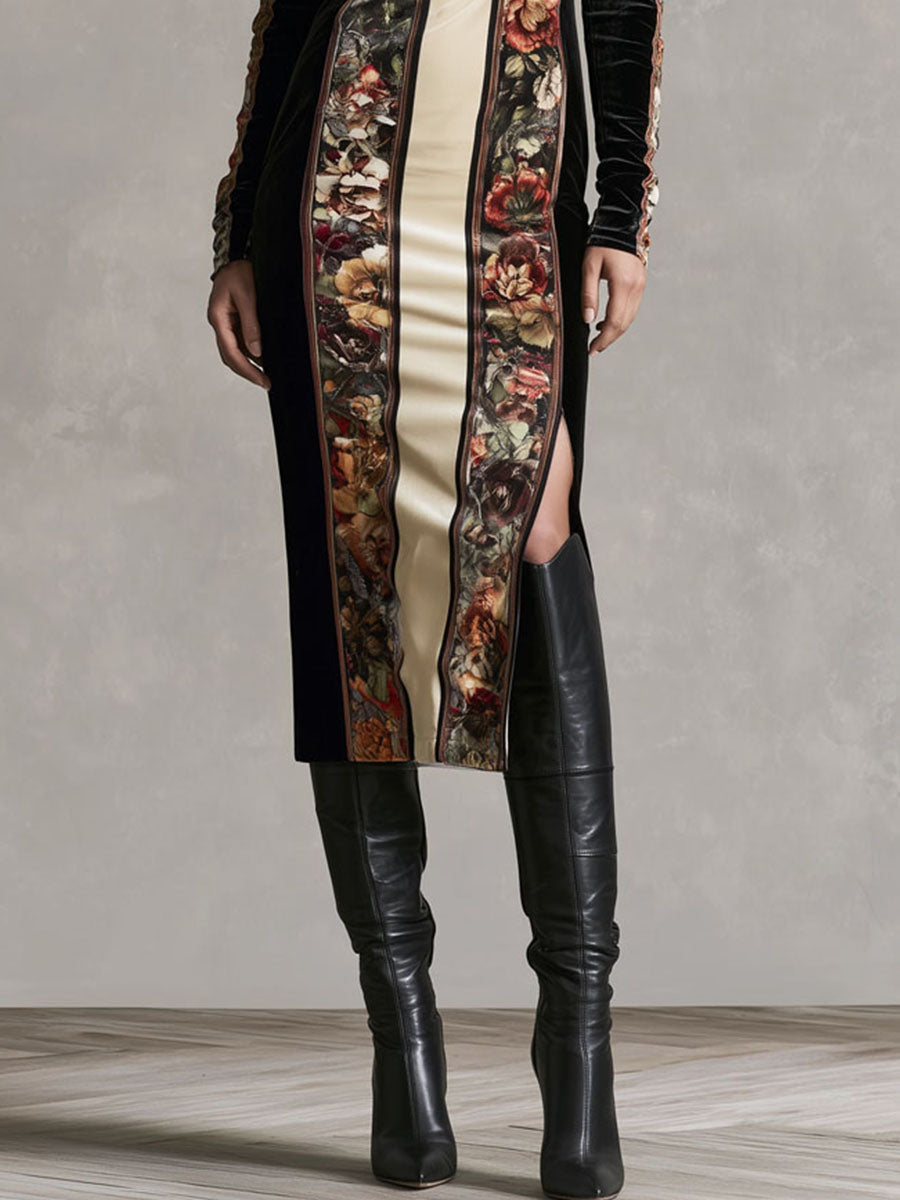 Floral Velvet Midi Dress with Long Sleeves and Side Slit