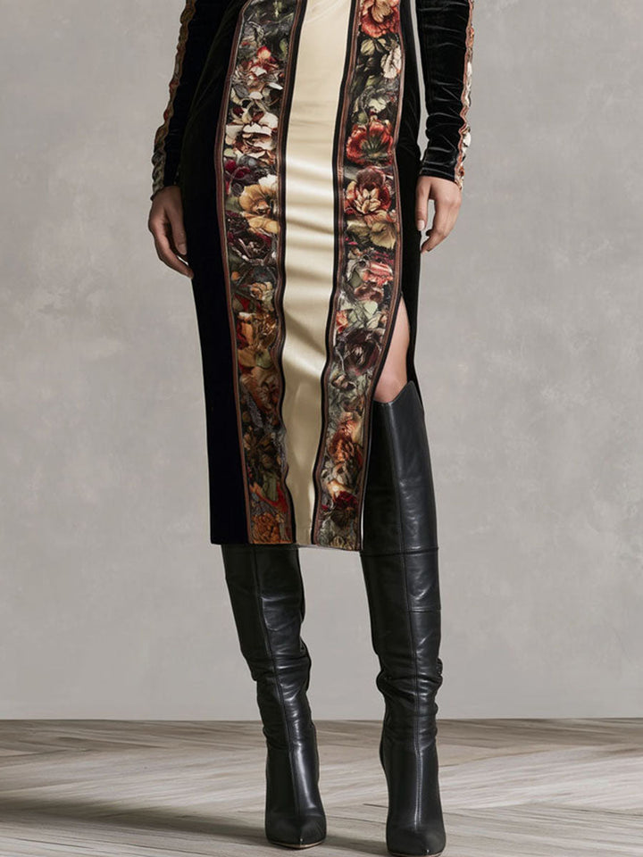 Floral Velvet Midi Dress with Long Sleeves and Side Slit