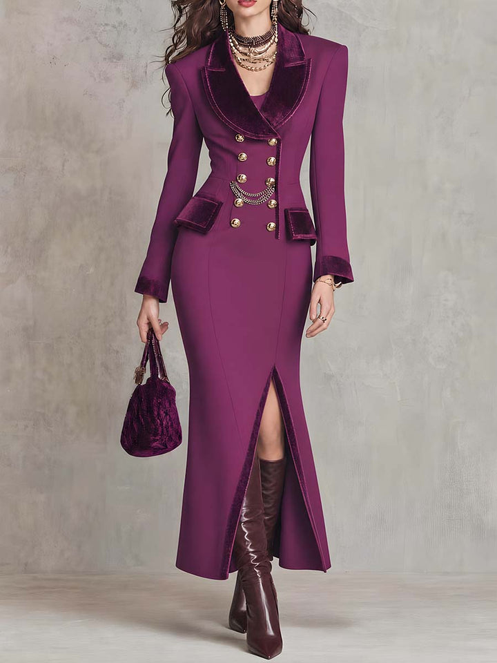 Classic Double-Breasted Blazer with Velvet Trim and Split Hem