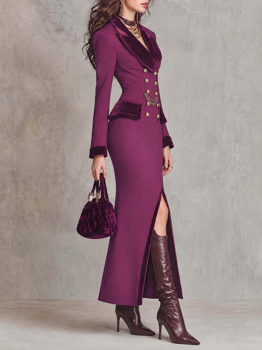 Classic Double-Breasted Blazer with Velvet Trim and Split Hem
