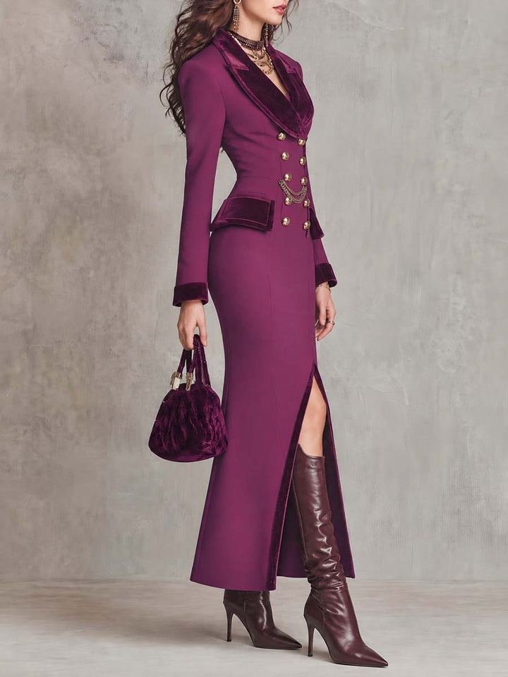 Classic Double-Breasted Blazer with Velvet Trim and Split Hem