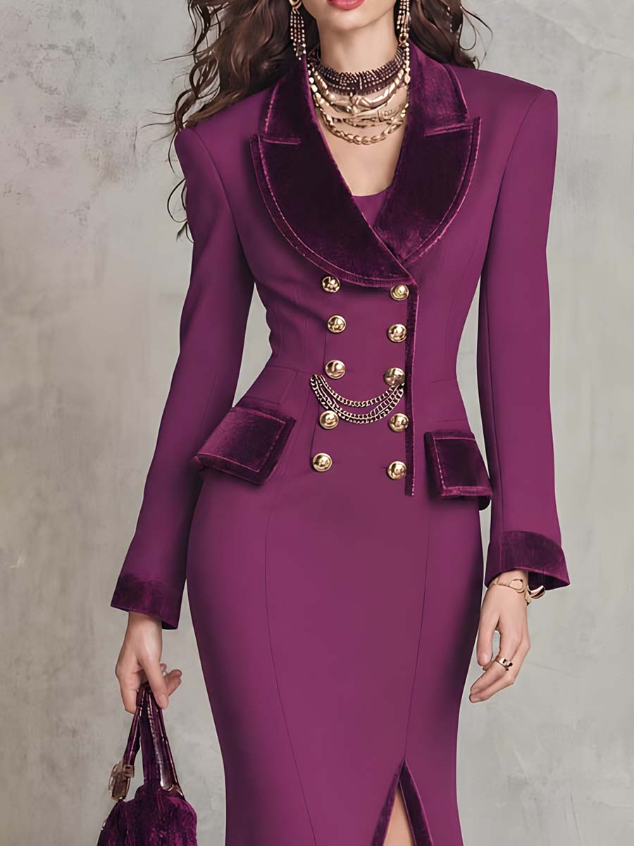 Classic Double-Breasted Blazer with Velvet Trim and Split Hem