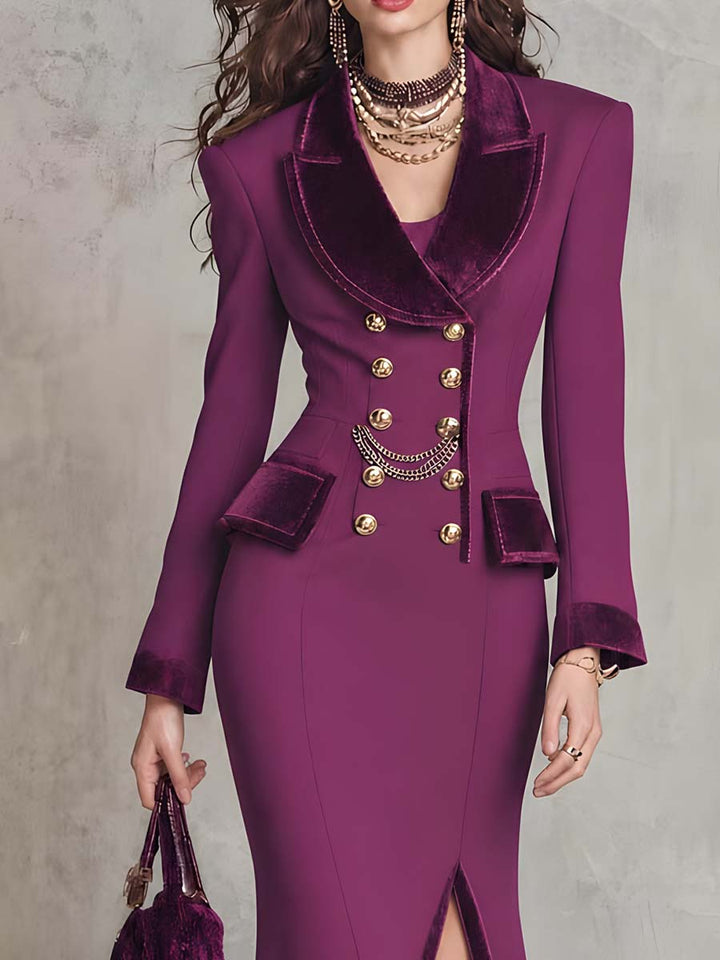 Classic Double-Breasted Blazer with Velvet Trim and Split Hem