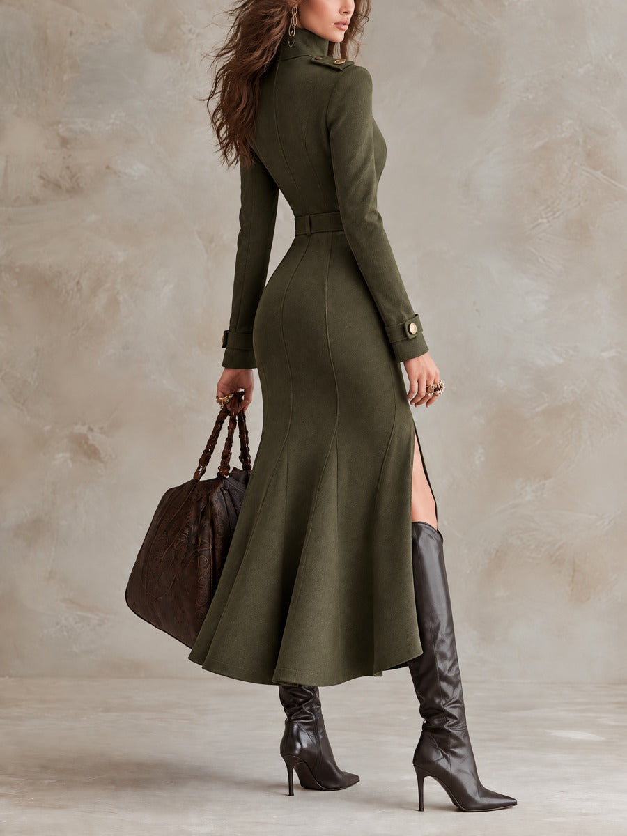Olive Green Military-Inspired Midi Suede Dress with High Neck and Belt