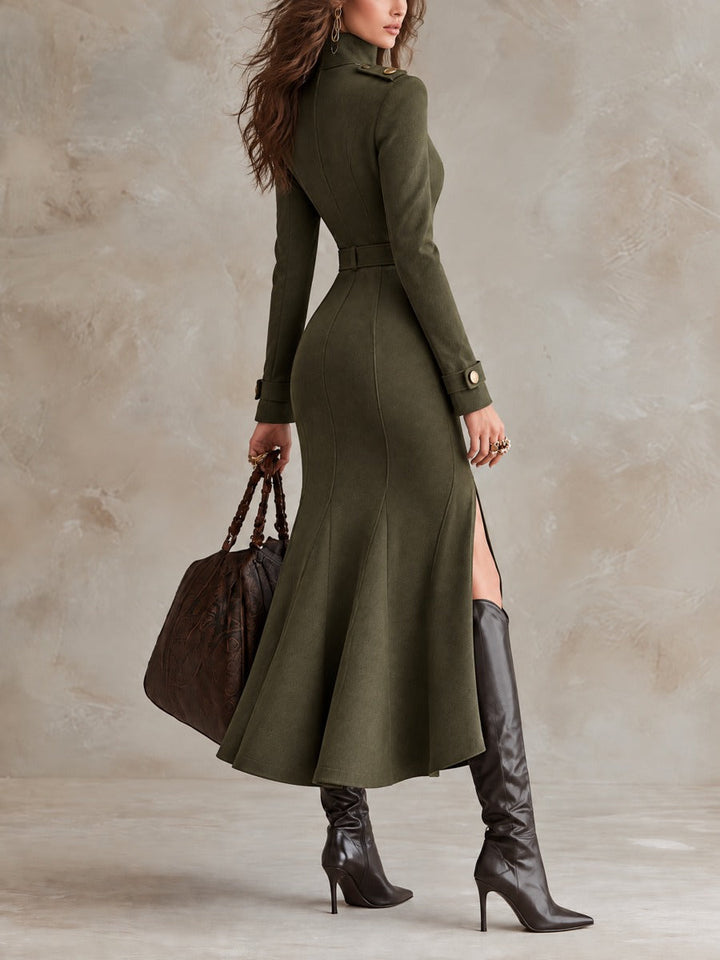 Olive Green Military-Inspired Midi Suede Dress with High Neck and Belt