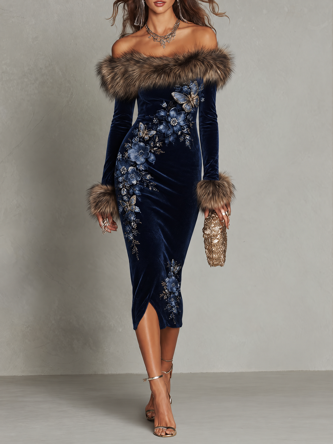 Luxurious Off-the-Shoulder Navy Velvet Midi Dress with Floral Butterfly Patterns