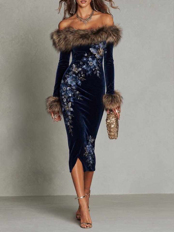 Luxurious Off-the-Shoulder Navy Velvet Midi Dress with Floral Butterfly Patterns