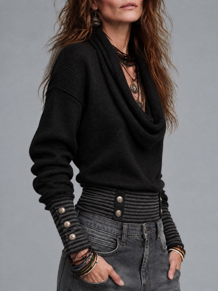 Black Bohemian Top with Stylish Neckline and Decorative Buttons, Featuring Striped Hem