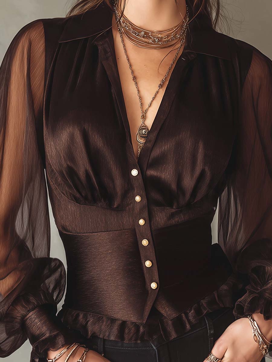 Retro Satin V-Neck Blouse with Sheer Long Sleeves