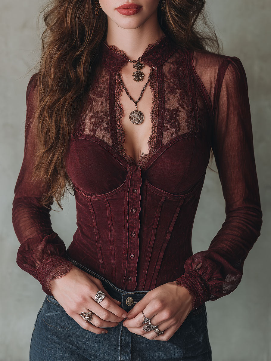 Elegant Fitted Denim Blouse with Lace Accents