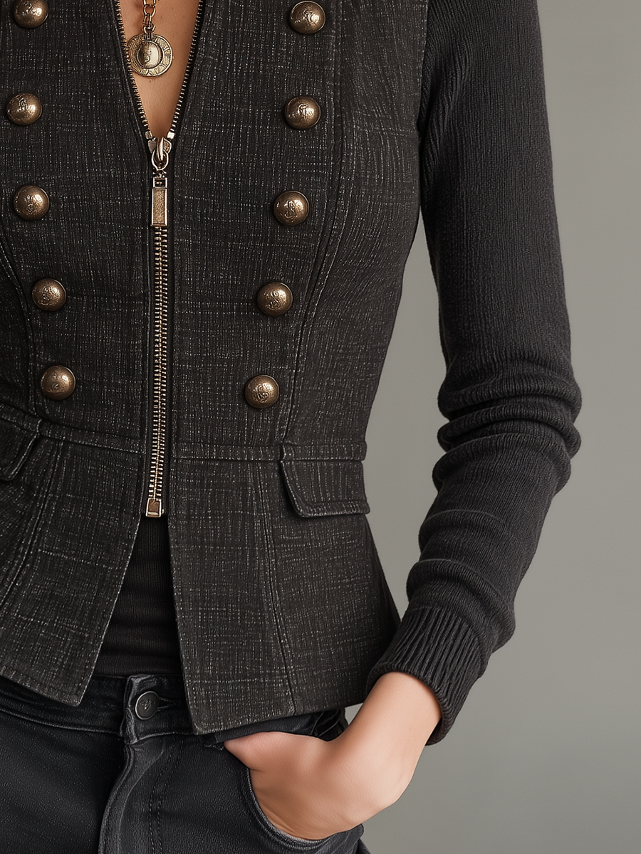 Classic Military Jacket with Button and Zip Closure