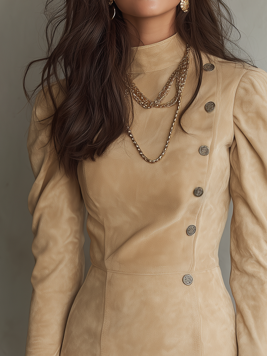 Champagne Puff Sleeve Mini Dress with Button Details