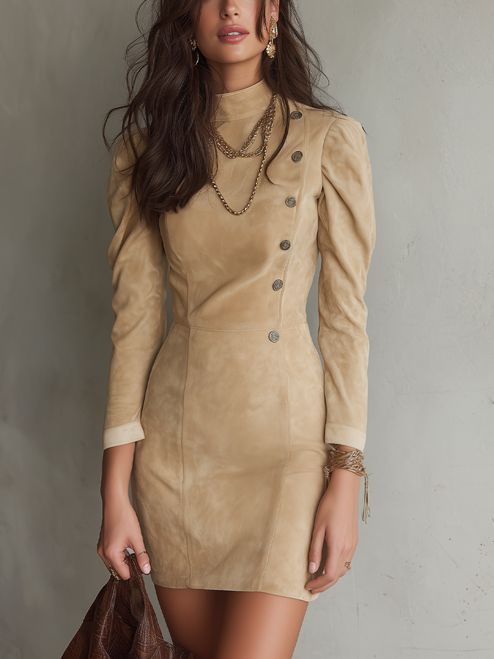 Champagne Puff Sleeve Mini Dress with Button Details