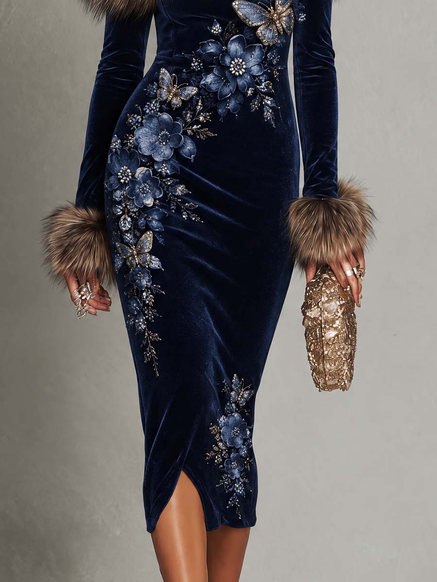 Luxurious Off-the-Shoulder Navy Velvet Midi Dress with Floral Butterfly Patterns