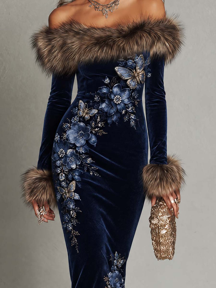 Luxurious Off-the-Shoulder Navy Velvet Midi Dress with Floral Butterfly Patterns