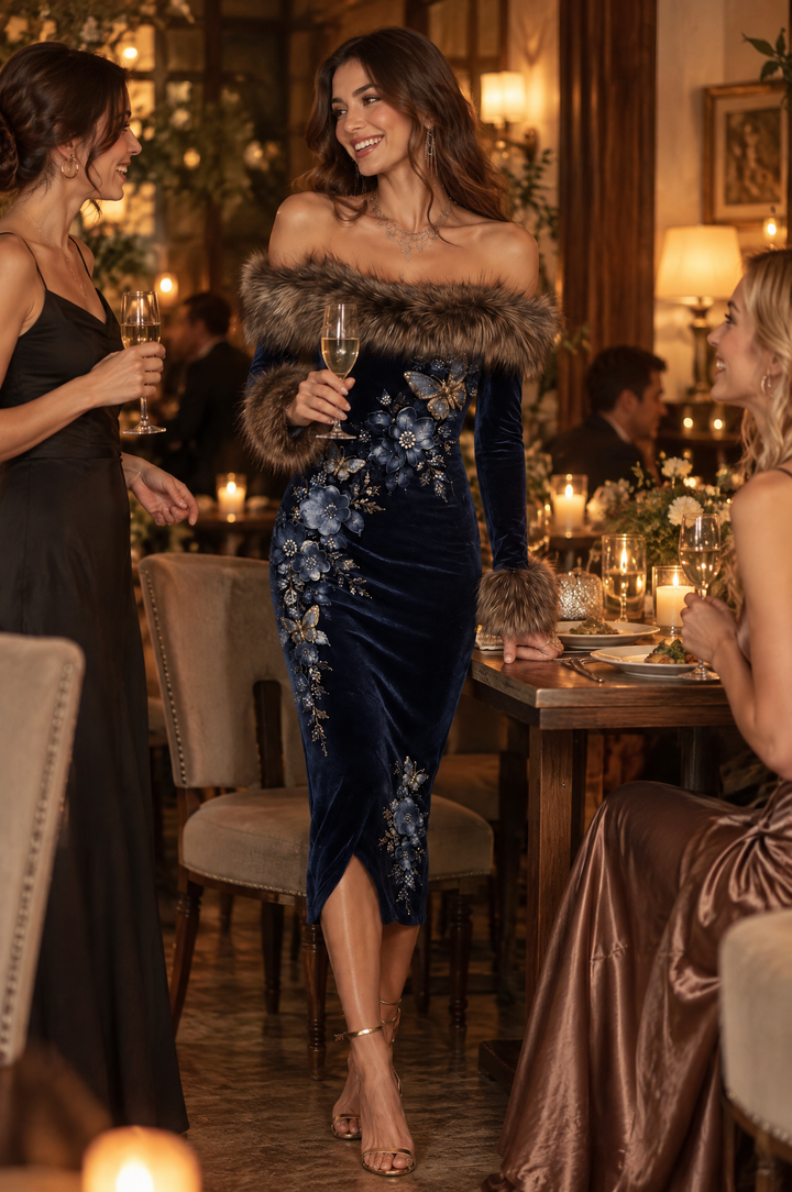 Luxurious Off-the-Shoulder Navy Velvet Midi Dress with Floral Butterfly Patterns