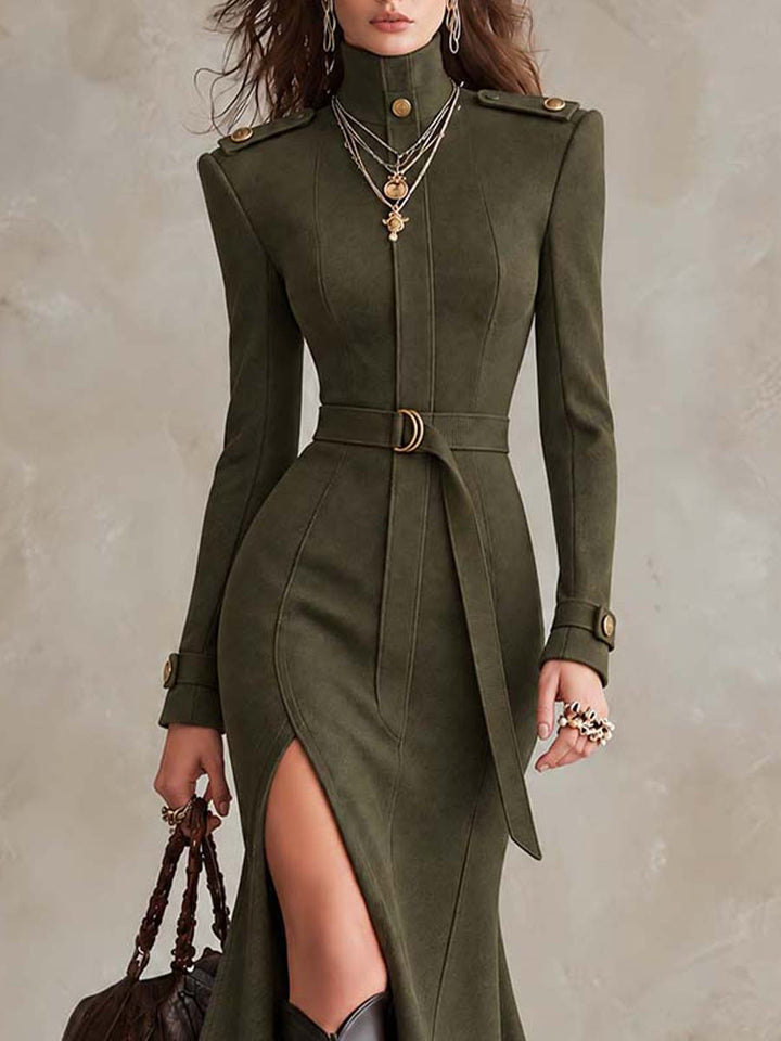 Olive Green Military-Inspired Midi Suede Dress with High Neck and Belt