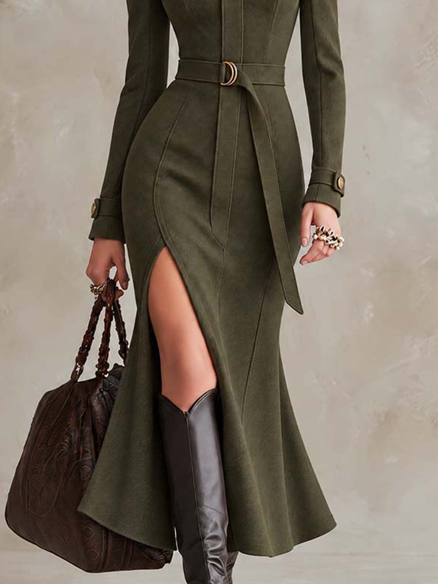 Olive Green Military-Inspired Midi Suede Dress with High Neck and Belt