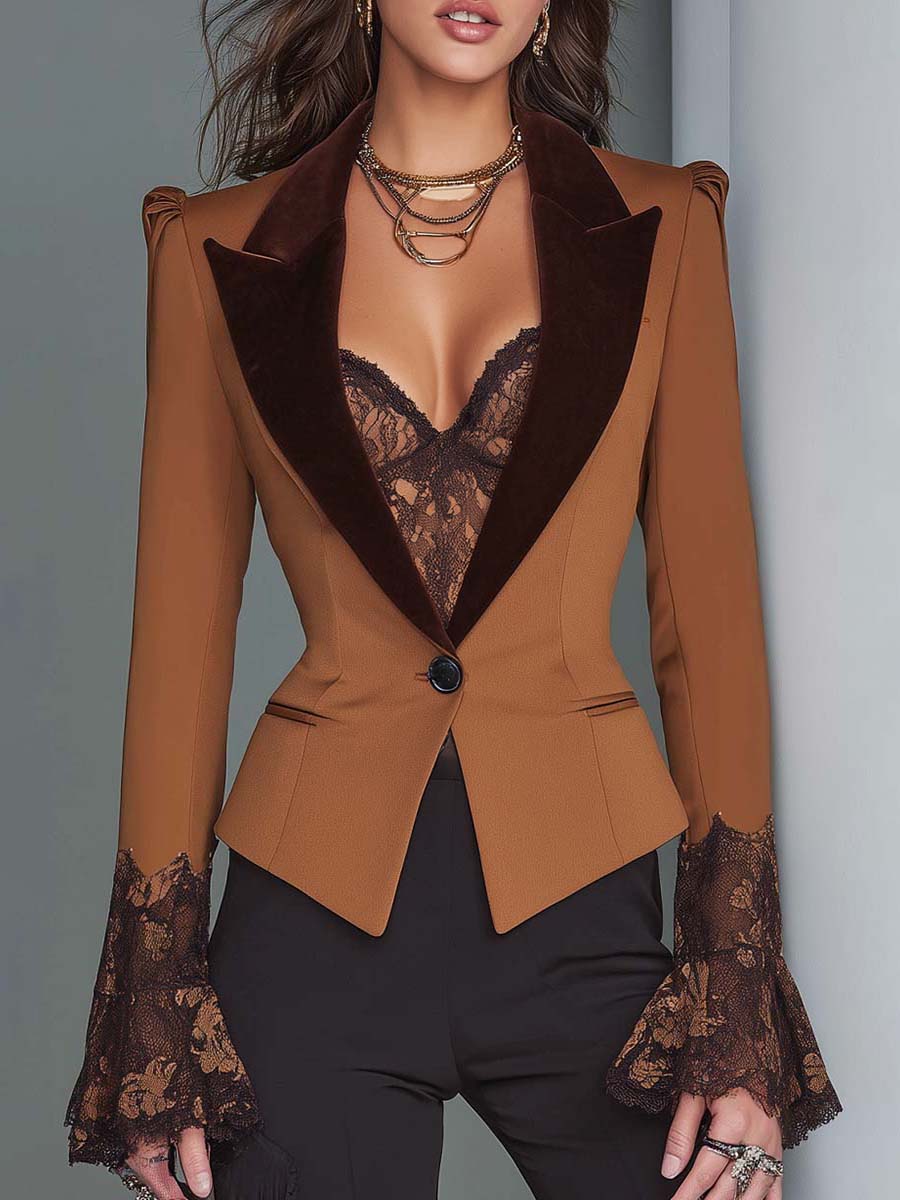 Ρετρό Βελούδινο Slim-fit Σακάκι με Λαβές και Δαντέλα
