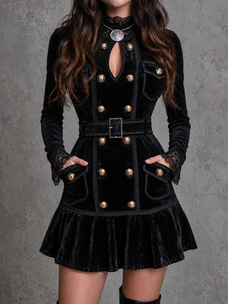 Vintage-Inspired Black Velvet Mini Dress with Double-Breasted Detail, Belt, and Lace Accents