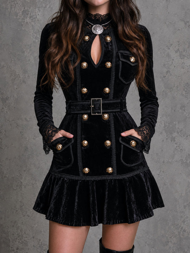 Vintage-Inspired Black Velvet Mini Dress with Double-Breasted Detail, Belt, and Lace Accents