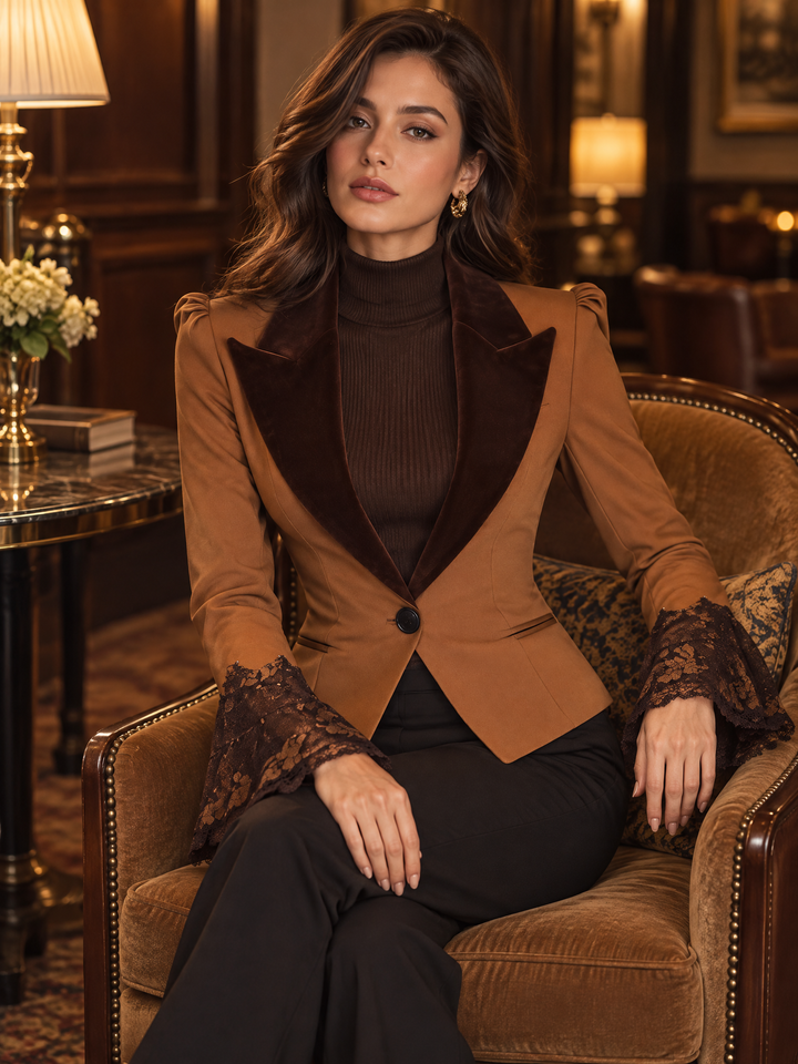 Ρετρό Βελούδινο Slim-fit Σακάκι με Λαβές και Δαντέλα