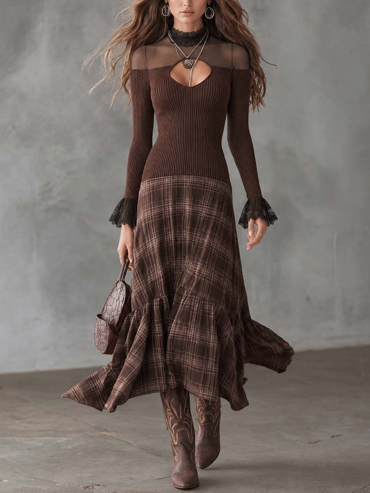 Retro-Inspired Midi Dress with Knitted Check and Sheer Shoulder Details