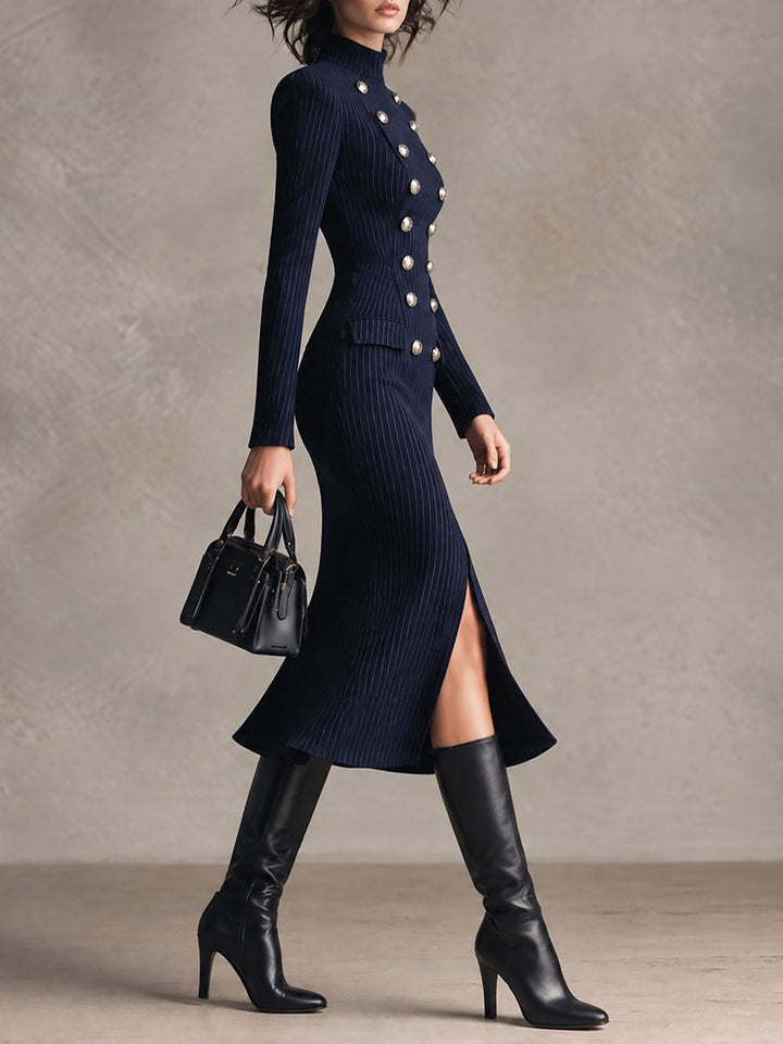 Vintage-Inspired Striped Midi Nautical Dress with High Neck, Front Slit, and Metallic Accents