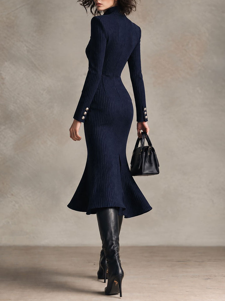 Vintage-Inspired Striped Midi Nautical Dress with High Neck, Front Slit, and Metallic Accents