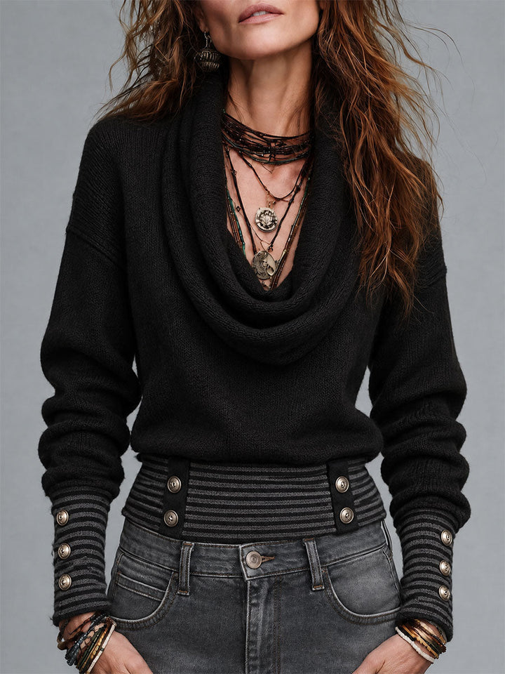 Black Bohemian Top with Stylish Neckline and Decorative Buttons, Featuring Striped Hem