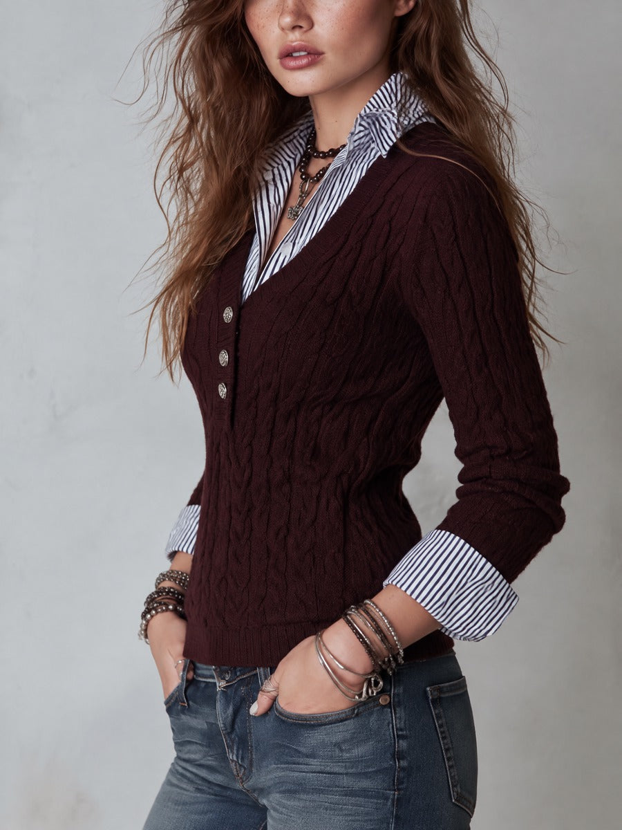 Women's Burgundy V-Neck Sweater with Faux Layered Design