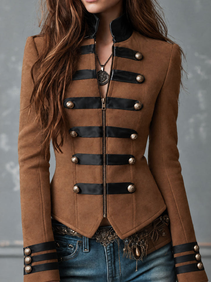 Vintage Brown Micro Suede Jacket with Black Accents and Premium Buttons
