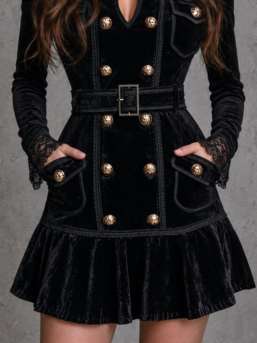 Vintage-Inspired Black Velvet Mini Dress with Double-Breasted Detail, Belt, and Lace Accents