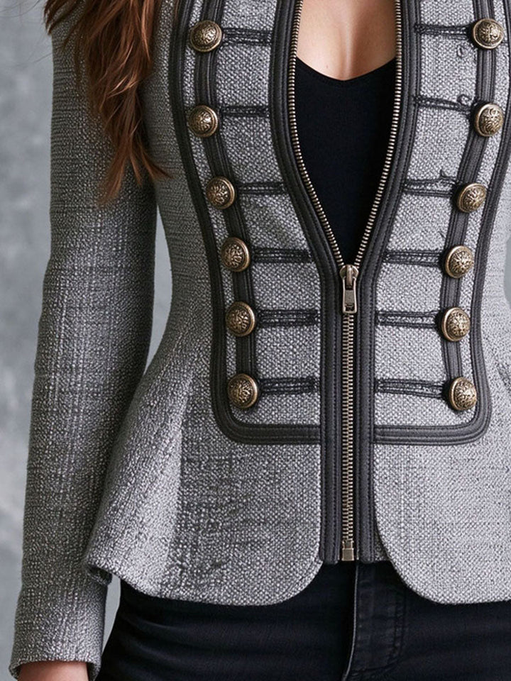 Grey Jacket Featuring Distinctive Accents and Premium Buttons
