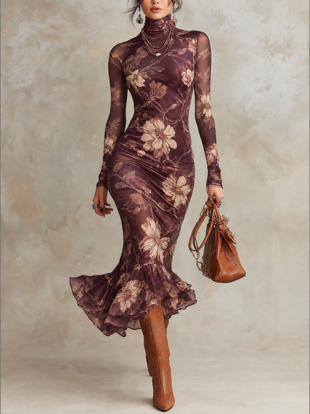 High Neck Purple Satin Floral Dress with Sheer Long Sleeves and Flared Hem