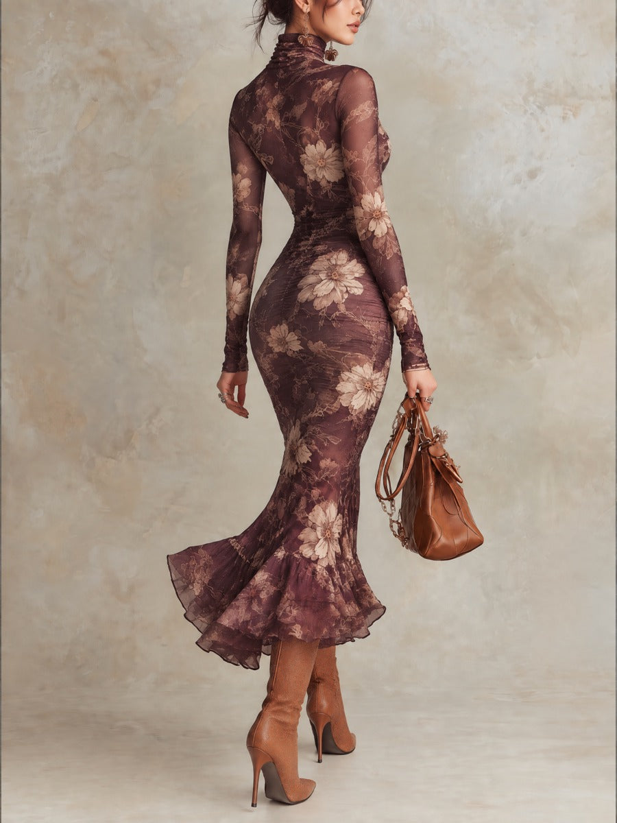High Neck Purple Satin Floral Dress with Sheer Long Sleeves and Flared Hem