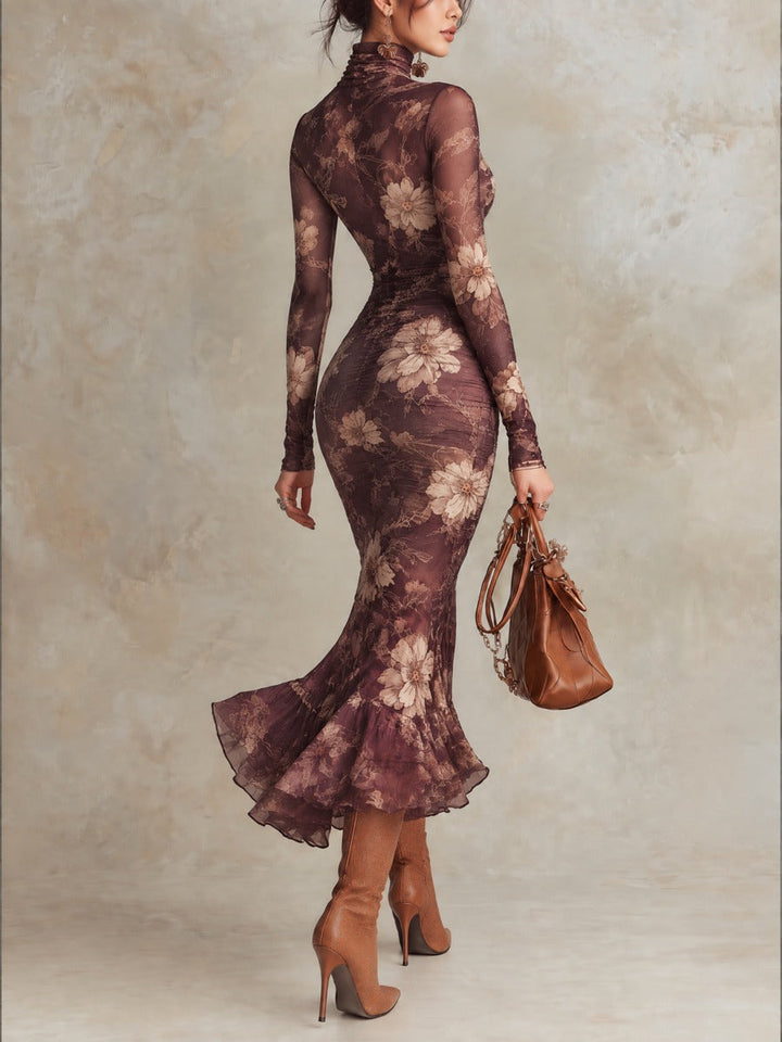 High Neck Purple Satin Floral Dress with Sheer Long Sleeves and Flared Hem